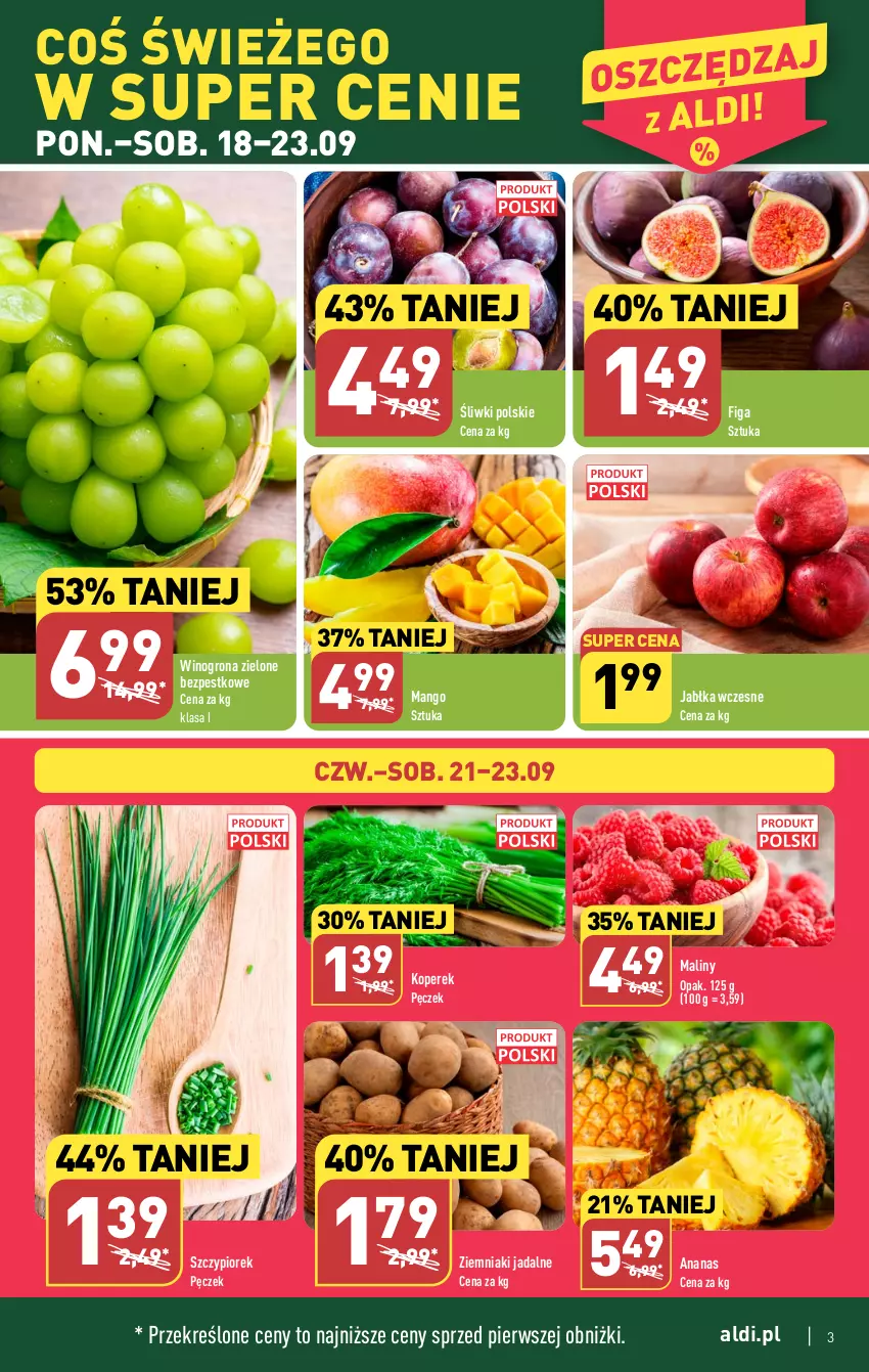 Gazetka promocyjna Aldi - Pełna oferta - ważna 18.09 do 23.09.2023 - strona 3 - produkty: Ananas, Jabłka, Maliny, Mango, Wino, Winogrona, Ziemniaki