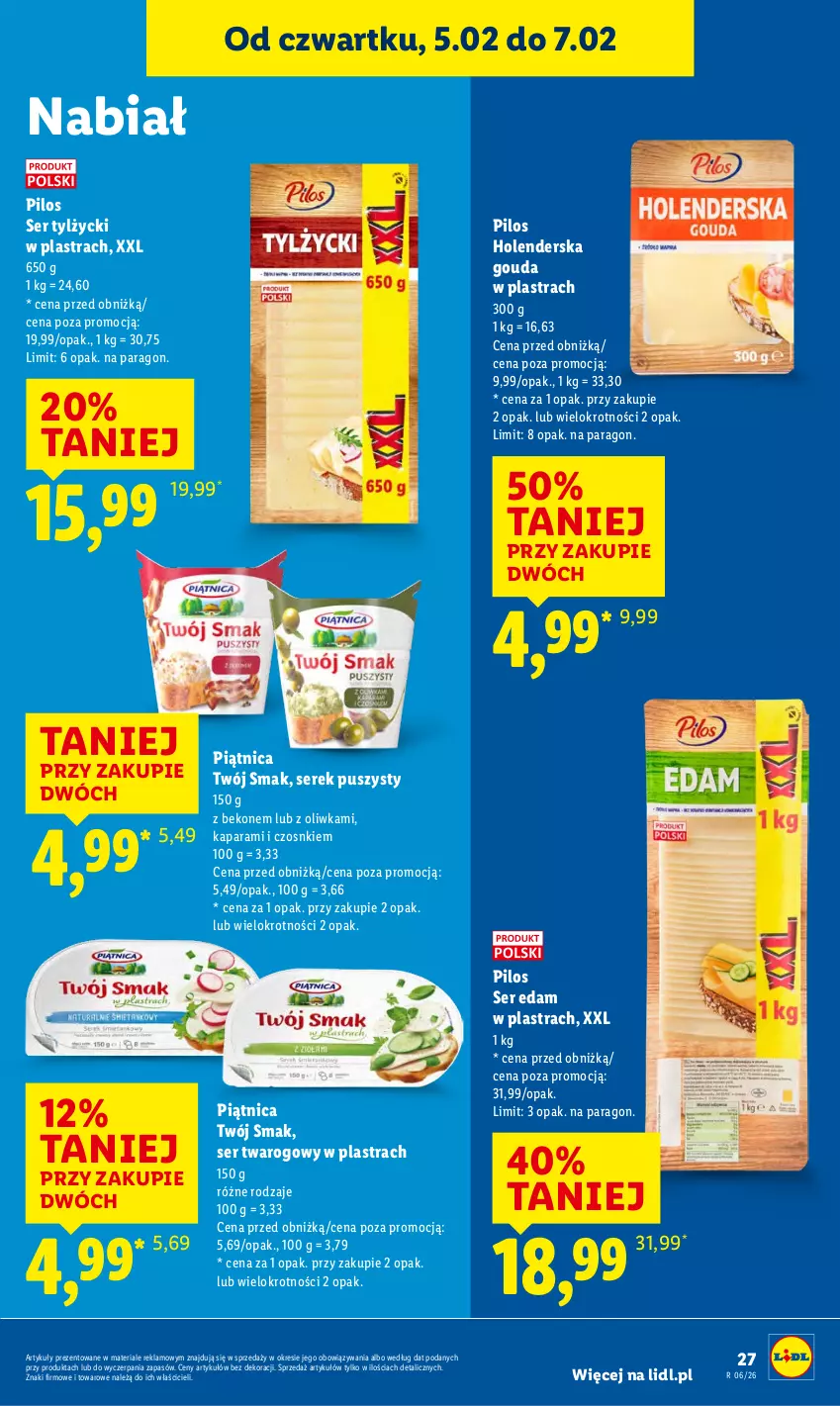 Gazetka promocyjna Lidl - GAZETKA - ważna 05.02 do 07.02.2026 - strona 29 - produkty: Beko, Edam, Gouda, Piątnica, Pilos, Ser, Ser twarogowy, Ser tylżycki, Serek, Serek puszysty, Twój Smak