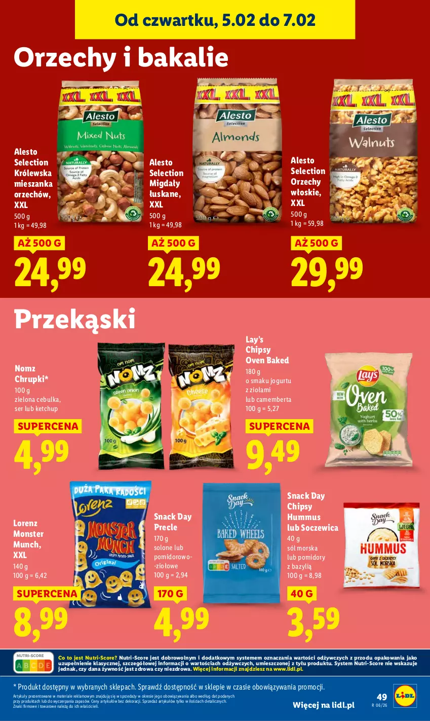 Gazetka promocyjna Lidl - GAZETKA - ważna 05.02 do 07.02.2026 - strona 51 - produkty: Bazyl, Camembert, Chipsy, Chrupki, Hummus, Jogurt, Ketchup, Lay’s, Lorenz, Migdały, Migdały łuskane, Monster Munch, Mus, Orzechy włoskie, Pomidory, Precle, Ser, Sól
