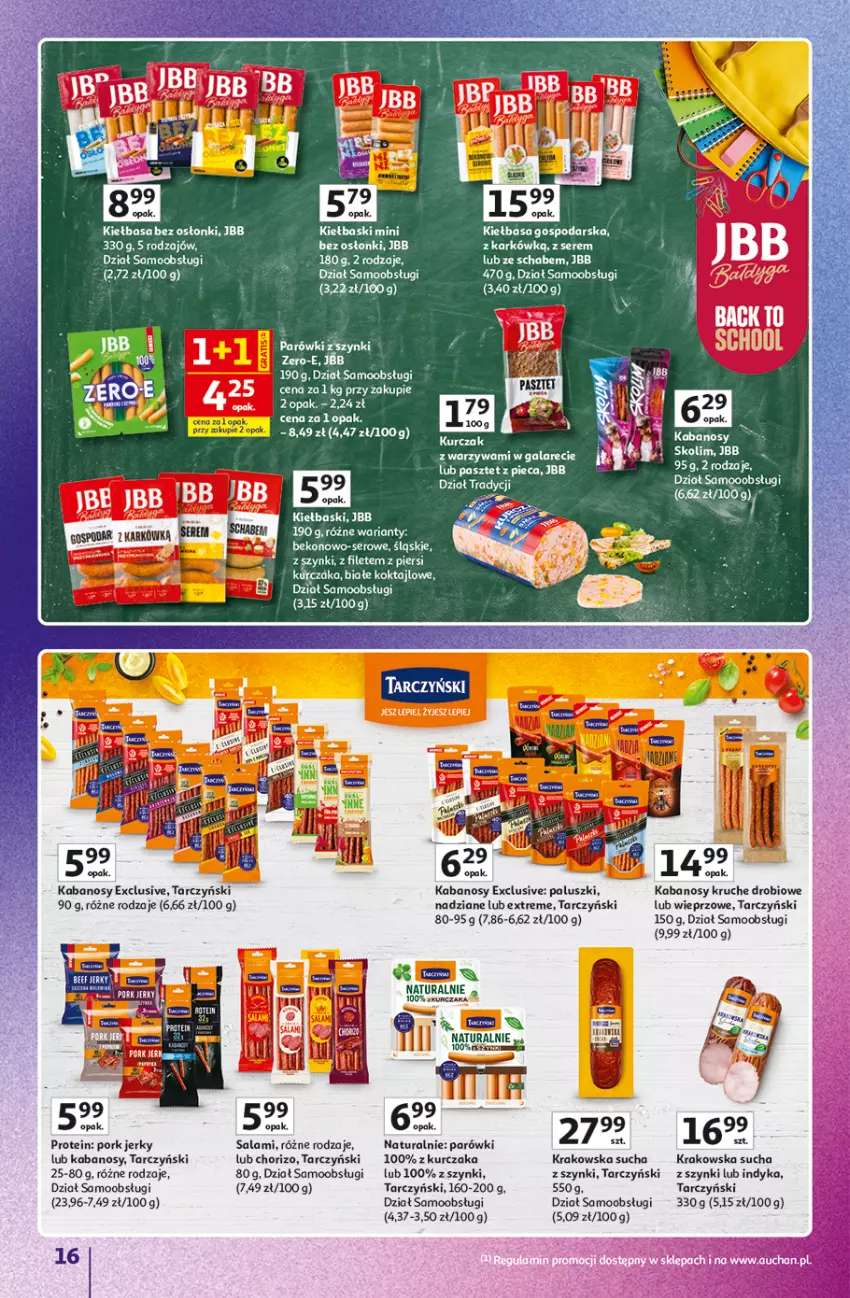 Gazetka promocyjna Auchan - 30 Lat Hipermarket Auchan Znane marki - ważna 03.09 do 09.09.2026 - strona 16 - produkty: Fa, Gala, Jerky, Kabanos, Kiełbasa, Kurczak, Parówki, Parówki z szynki, Pasztet, Piec, Por, Salami, Ser, Tarczyński, Warzywa