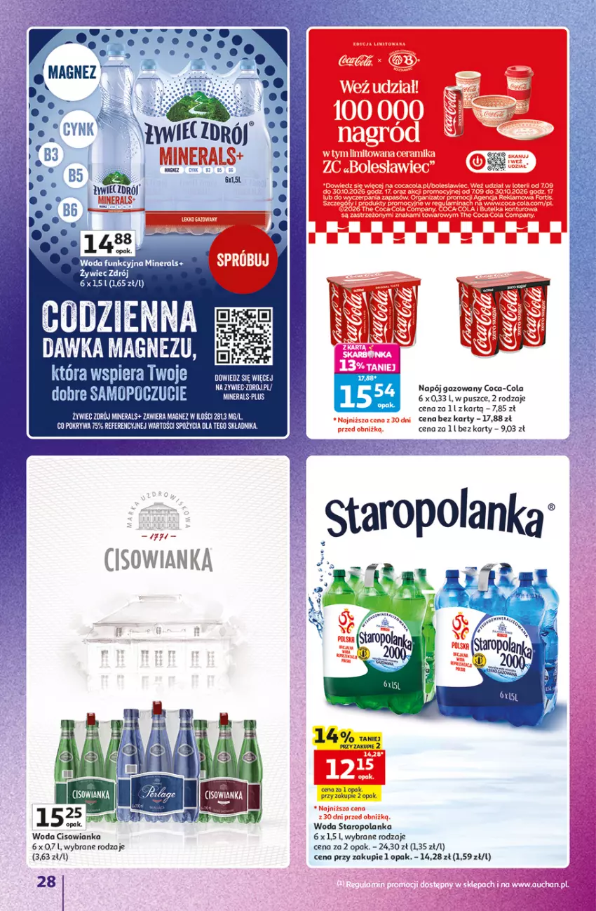 Gazetka promocyjna Auchan - 30 Lat Hipermarket Auchan Znane marki - ważna 03.09 do 09.09.2026 - strona 28 - produkty: Cisowianka, Coca-Cola, Magnez, Napój, Napój gazowany, Pokrywa, Staropolanka, Woda