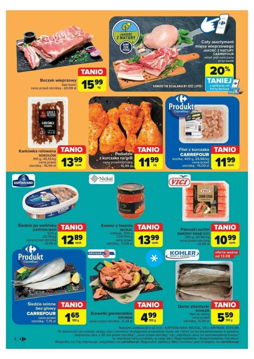 Gazetka promocyjna Carrefour - ważna 12.08 do 17.08.2024 - strona 12 - produkty: Boczek, Boczek wieprzowy, Fa, Krewetki, Kurczak, Surimi