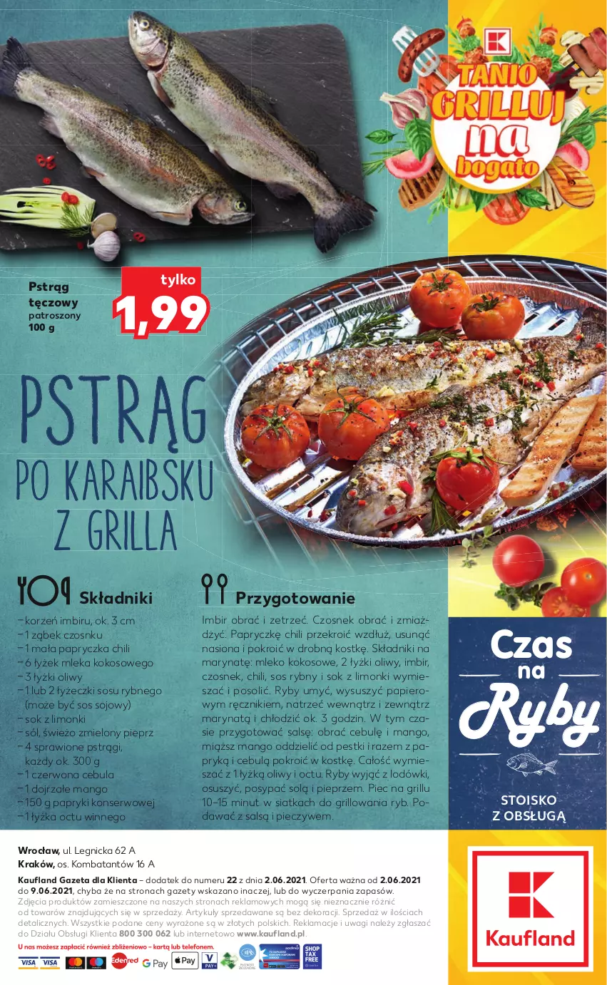 Gazetka promocyjna Kaufland - RYBY - ważna 02.06 do 09.06.2021 - strona 2 - produkty: Cebula, Czosnek, Grill, Imbir, Kokos, Mango, Mleko, Mleko kokosowe, Papier, Piec, Pieprz, Pstrąg, Pstrąg tęczowy, Ręcznik, Ser, Siatka, Sok, Sól, Sos, Sos rybny, Sos sojowy, Wagi