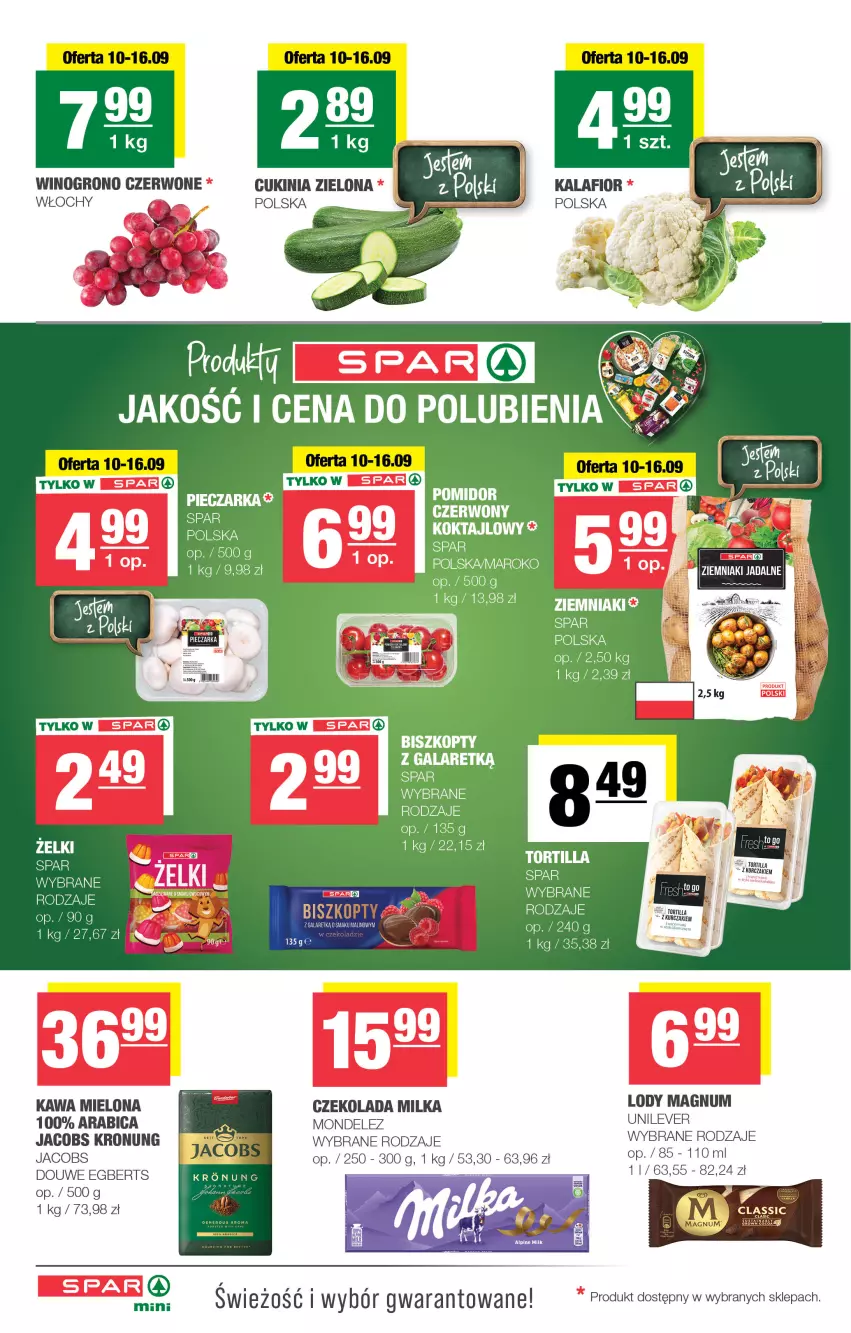 Gazetka promocyjna Spar - Spar-Mini - ważna 07.09 do 17.09.2025 - strona 2 - produkty: Biszkopty, Czekolada, Gala, Jacobs, Kalafior, Kawa, Kawa mielona, Lody, Milka, Piec, Pieczarka, Tortilla, Wino