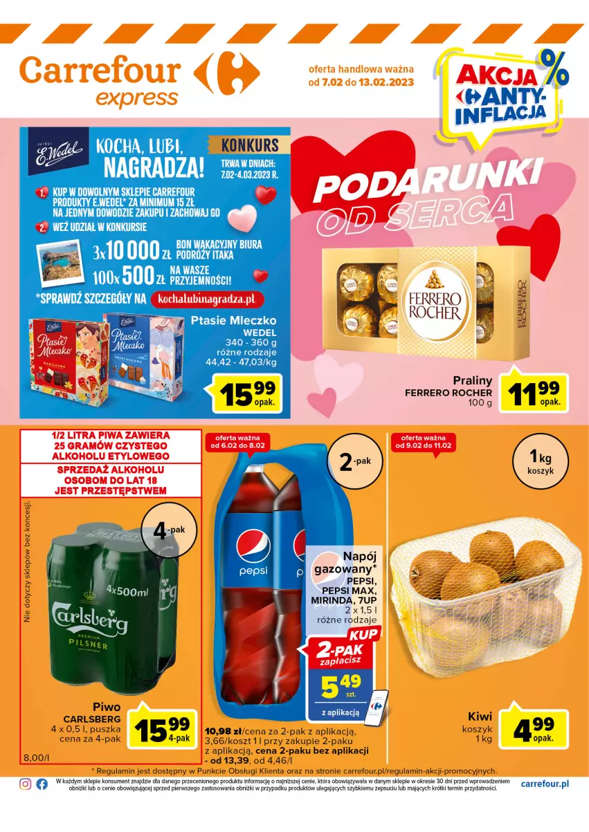 Gazetka promocyjna Carrefour - Gazetka Express - ważna 07.02 do 13.02.2023 - strona 2 - produkty: 7up, Carlsberg, Ferrero, Ferrero Rocher, Kiwi, Kosz, Mirinda, Pepsi, Pepsi max, Piwo, Praliny