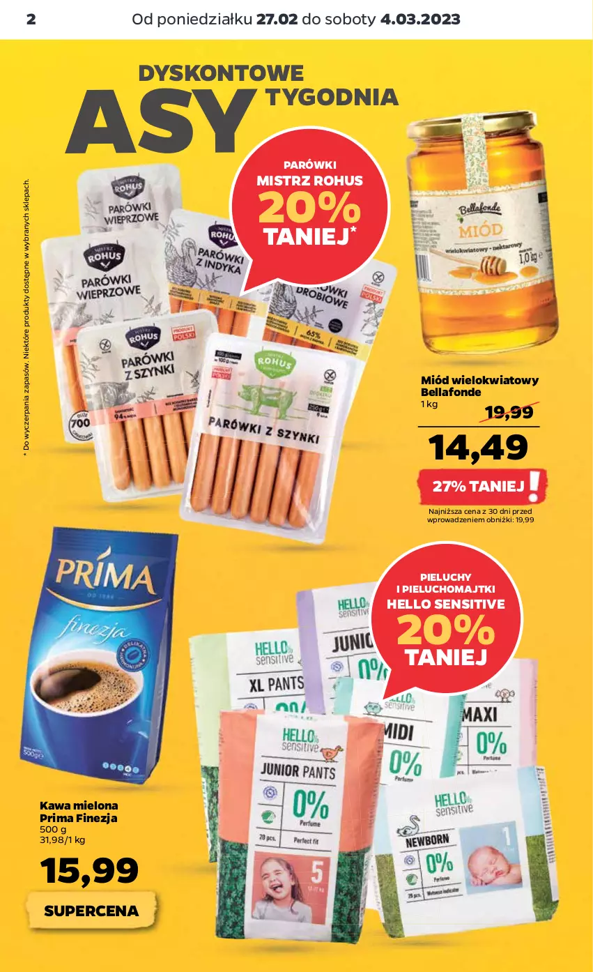 Gazetka promocyjna Netto - Artykuły spożywcze - ważna 27.02 do 04.03.2023 - strona 2 - produkty: Bell, Bella, Kawa, Kawa mielona, Majtki, Miód, Parówki, Pieluchomajtki, Pieluchy, Prima