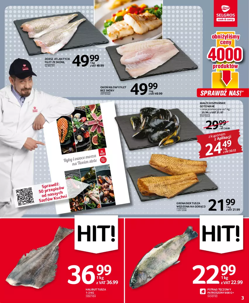 Gazetka promocyjna Selgros - Oferta spożywcza - ważna 28.07 do 10.08.2022 - strona 3 - produkty: Dorsz, Grenadier, Halibut, Małże, Pstrąg, Pstrąg tęczowy, Tusz