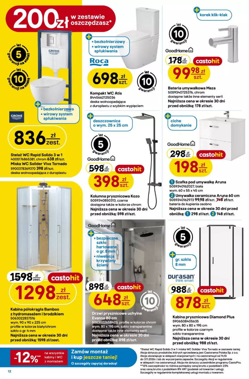 Gazetka promocyjna Castorama - Gazetka Drzwi i Podłogi 14.10-3.11.2026 - ważna 14.10 do 03.11.2026 - strona 12 - produkty: Astor, Bateria, Bateria umywalkowa, Brodzik, Deska wolnoopadająca, Gra, Kabina półokrągła, Kabina prysznicowa, Kompakt WC, Miska, Rama, Ser, Szafka, Szafka pod umywalkę, Top, Tran, Umywalka