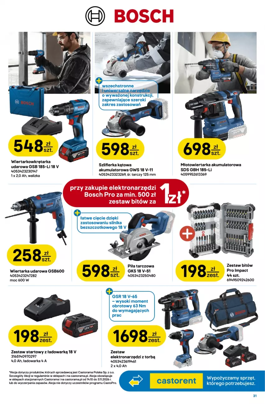 Gazetka promocyjna Castorama - Gazetka Drzwi i Podłogi 14.10-3.11.2026 - ważna 14.10 do 03.11.2026 - strona 31 - produkty: Akumulator, Astor, Gra, Młot, Młotowiertarka, Rama, Sok, Szlifierka, Szlifierka kątowa, Tarka, Top, Walizka, Warka, Wiertarka, Wiertarka udarowa, Wiertarkowkrętarka, Wkręt, Wkrętarka
