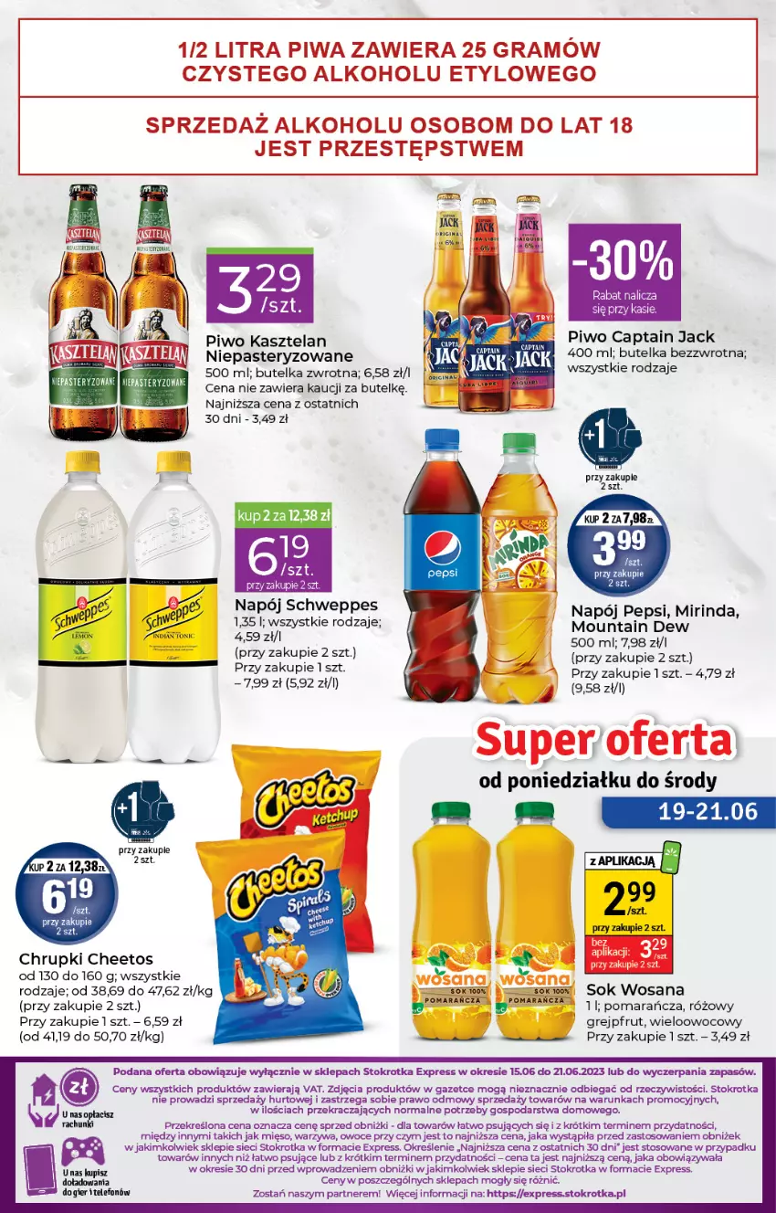 Gazetka promocyjna Stokrotka - Stokrotka Express - ważna 15.06 do 21.06.2023 - strona 3 - produkty: Captain Jack, Cheetos, Chrupki, Gra, Grejpfrut, Kasztelan, Mięso, Mirinda, Napój, Owoce, Piwa, Piwo, Schweppes, Sok, Telefon, Warzywa, Wosana