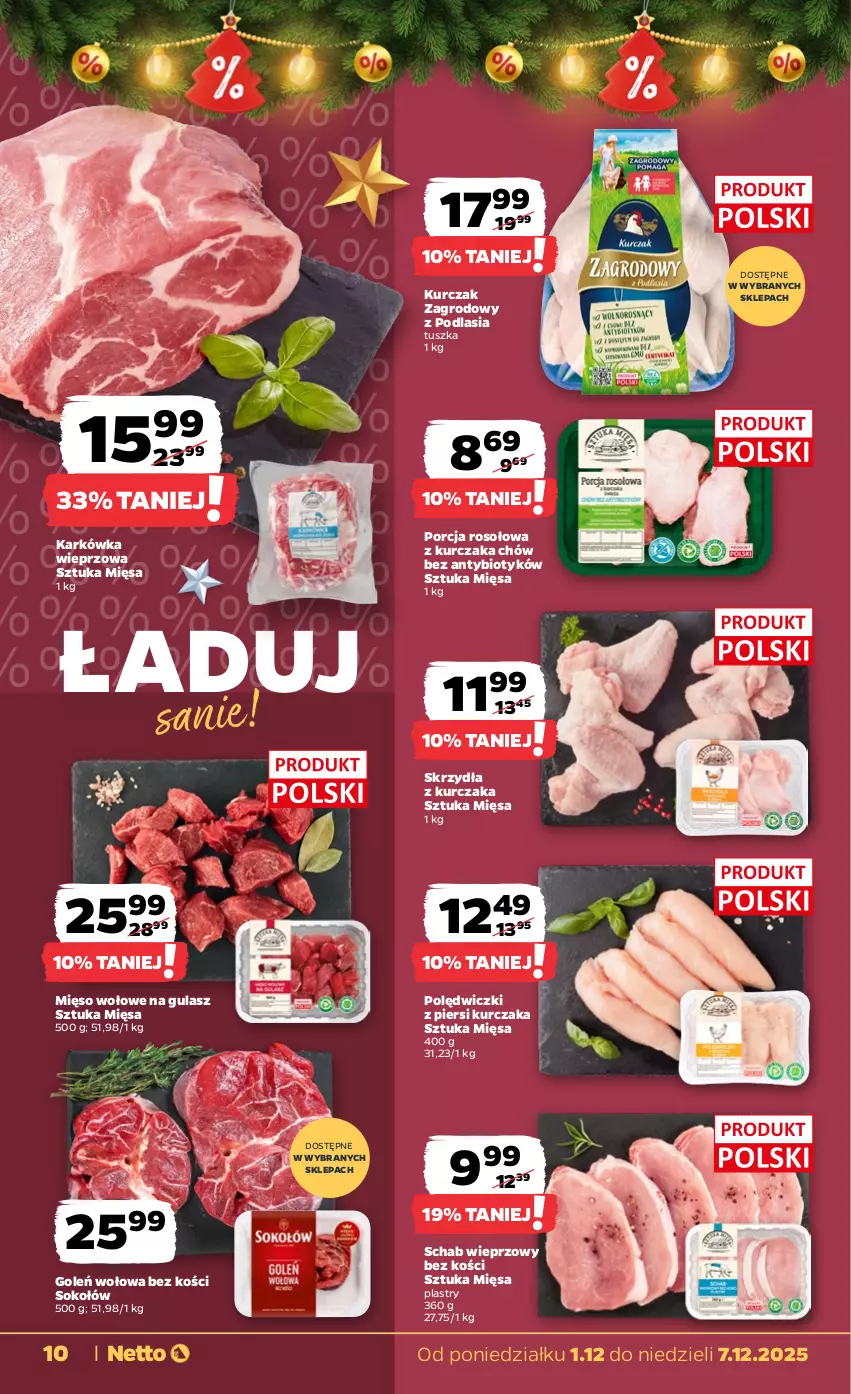 Gazetka promocyjna Netto - Od Poniedziałku - ważna 01.12 do 07.12.2025 - strona 10 - produkty: Karkówka wieprzowa, Kurczak, Mięso, Mięso wołowe, Por, Schab wieprzowy, Sok, Sokołów, Tusz