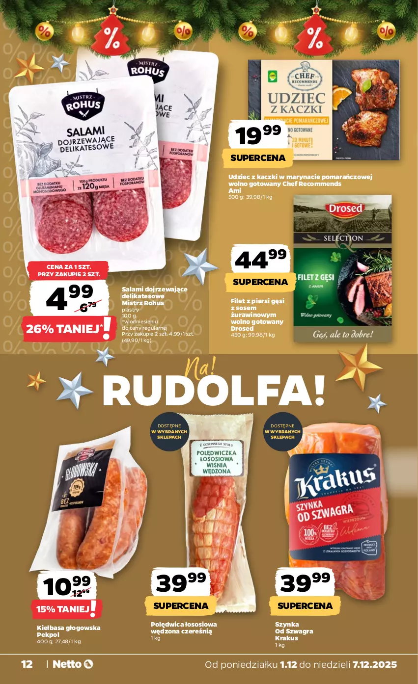 Gazetka promocyjna Netto - Od Poniedziałku - ważna 01.12 do 07.12.2025 - strona 12 - produkty: Fa, Filet z piersi gęsi, Gra, Kiełbasa, Kiełbasa głogowska, Krakus, Pekpol, Polędwica, Salami, Sos, Szynka, Wino