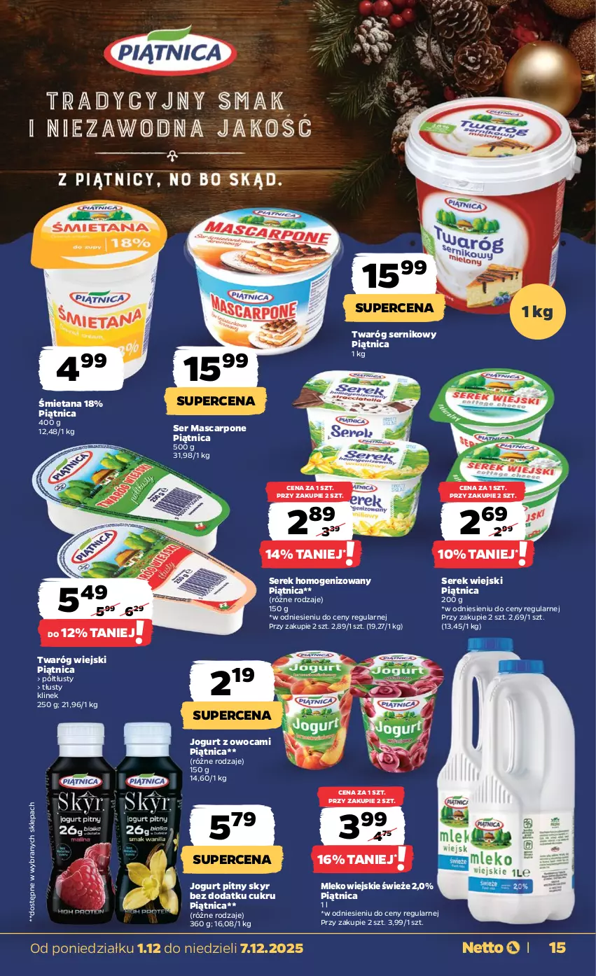 Gazetka promocyjna Netto - Od Poniedziałku - ważna 01.12 do 07.12.2025 - strona 15 - produkty: Jogurt, Jogurt pitny, Mascarpone, Mleko, Piątnica, Ser, Serek, Serek homogenizowany, Serek wiejski, Twaróg
