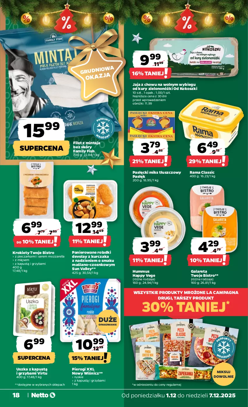 Gazetka promocyjna Netto - Od Poniedziałku - ważna 01.12 do 07.12.2025 - strona 18 - produkty: Fa, Filet z mintaja, Gala, Hummus, Jaja, Kapustą, Kokos, Kosz, Krokiety, Kurczak, Miks tłuszczowy, Mintaj, Mozzarella, Mus, Piec, Pieczarka, Pierogi, Produkty mrożone, Rama, Ser, Virtu