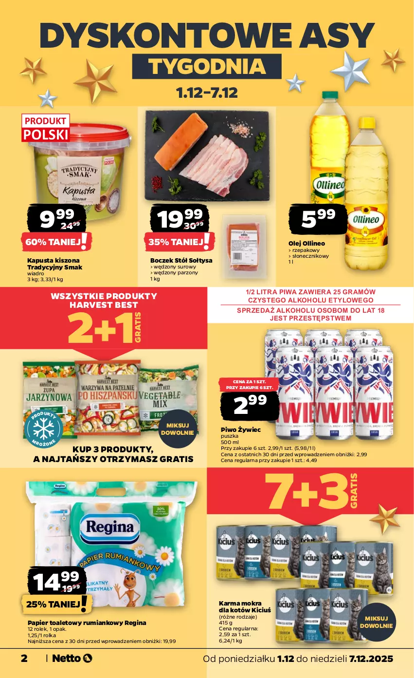 Gazetka promocyjna Netto - Od Poniedziałku - ważna 01.12 do 07.12.2025 - strona 2 - produkty: Boczek, Gin, Gra, Karma mokra dla kotów, Olej, Papier, Papier toaletowy, Piwa, Piwo, Rum, Stół, Wiadro