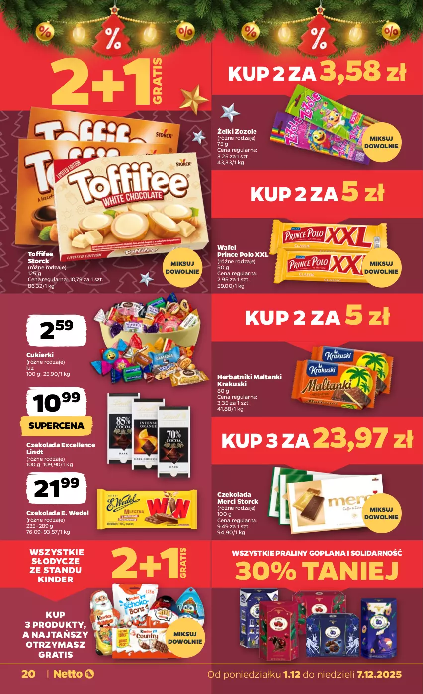 Gazetka promocyjna Netto - Od Poniedziałku - ważna 01.12 do 07.12.2025 - strona 20 - produkty: Cukier, Cukierki, Czekolada, E. Wedel, Goplana, Gra, Herbatniki, Kinder, Krakus, Krakuski, LANA, Lindt, Merci, Praliny, Prince Polo, Toffifee