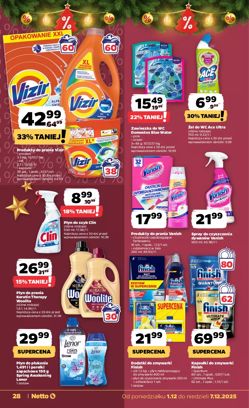 Gazetka promocyjna Netto - Od Poniedziałku - ważna 01.12 do 07.12.2025 - strona 28 - produkty: Chusteczki, Clin, Domestos, Dywan, Fa, Finish, Lenor, Odplamiacz, Perełki zapachowe, Płyn do płukania, Płyn do prania, Płyn do szyb, Płyn nabłyszczający, Sól, Spray do czyszczenia, Vanish, Vizir, Woolite, Zawieszka do wc, Zmywarki