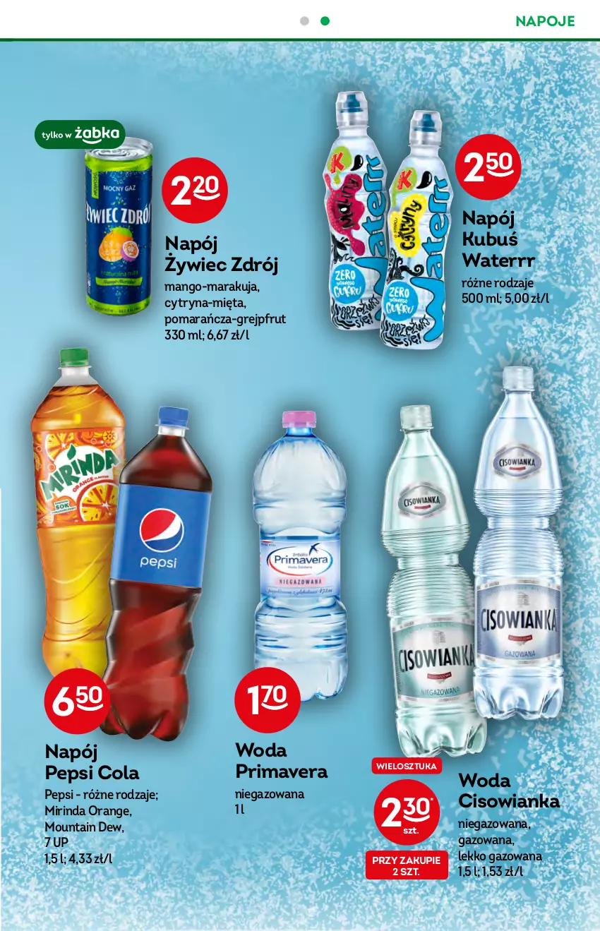 Gazetka promocyjna Żabka - ważna 22.06 do 28.06.2022 - strona 41 - produkty: Cisowianka, Grejpfrut, Kubuś, Kubuś Waterrr, Mango, Mięta, Mirinda, Napój, Napoje, Pepsi, Prima, Primavera, Woda