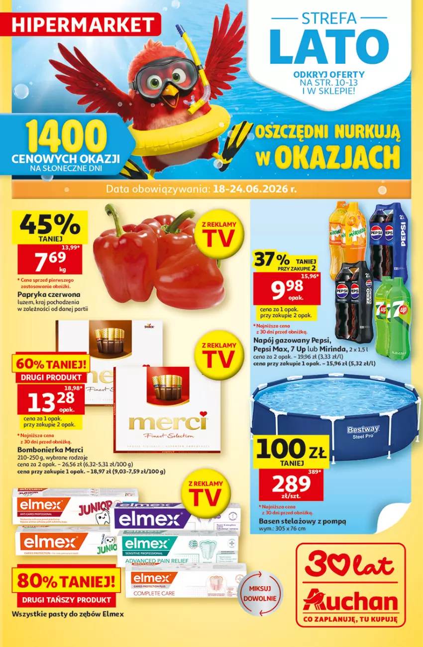 Gazetka promocyjna Auchan - 30 Lat Hipermarket - ważna 18.06 do 24.06.2026 - strona 1 - produkty: Elmex, Fa, Merci, Mirinda, Napój, Napój gazowany, Papryka, Papryka czerwona, Pepsi, Pepsi max, Ser