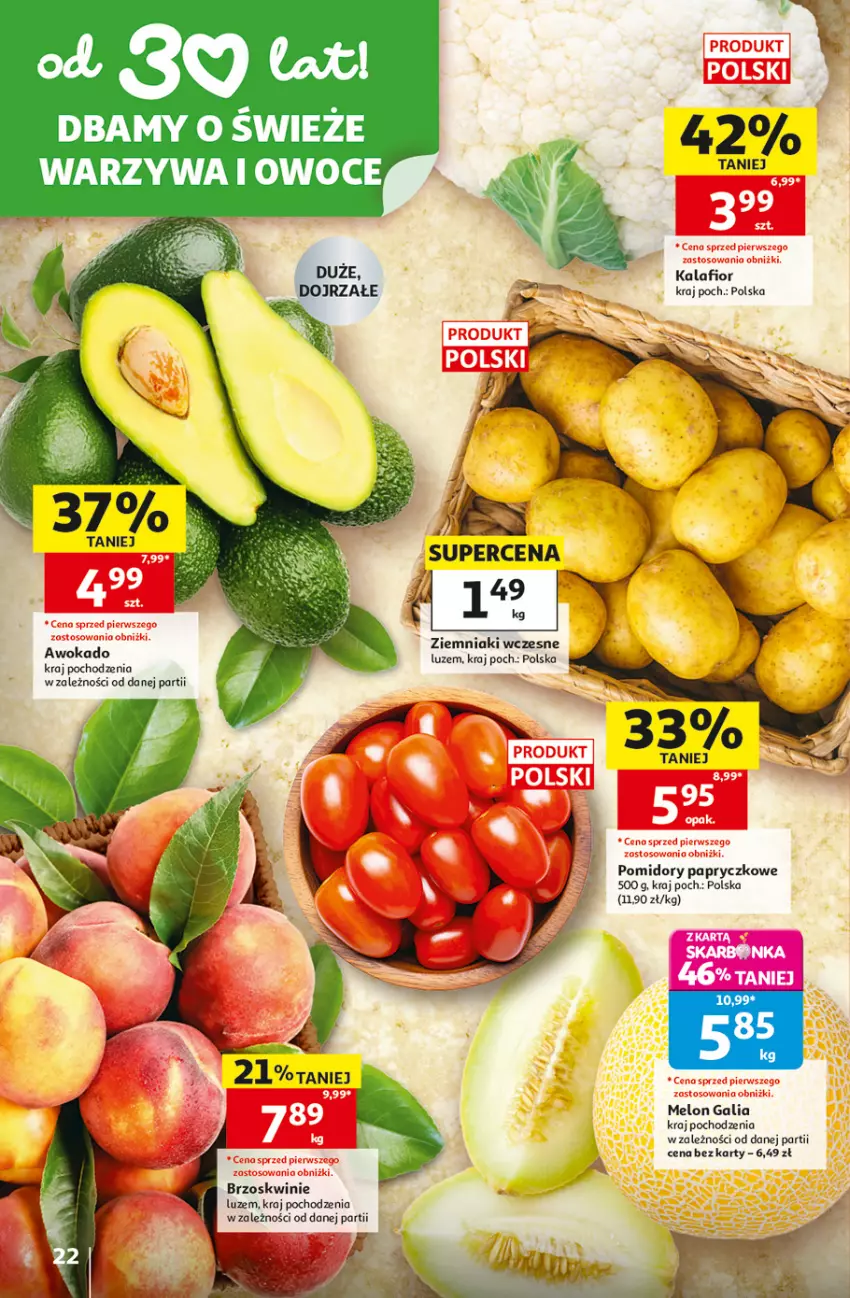 Gazetka promocyjna Auchan - 30 Lat Hipermarket - ważna 18.06 do 24.06.2026 - strona 22 - produkty: Brzoskwinie, Melon, Owoce, Pomidory, Warzywa, Warzywa i owoce, Ziemniaki