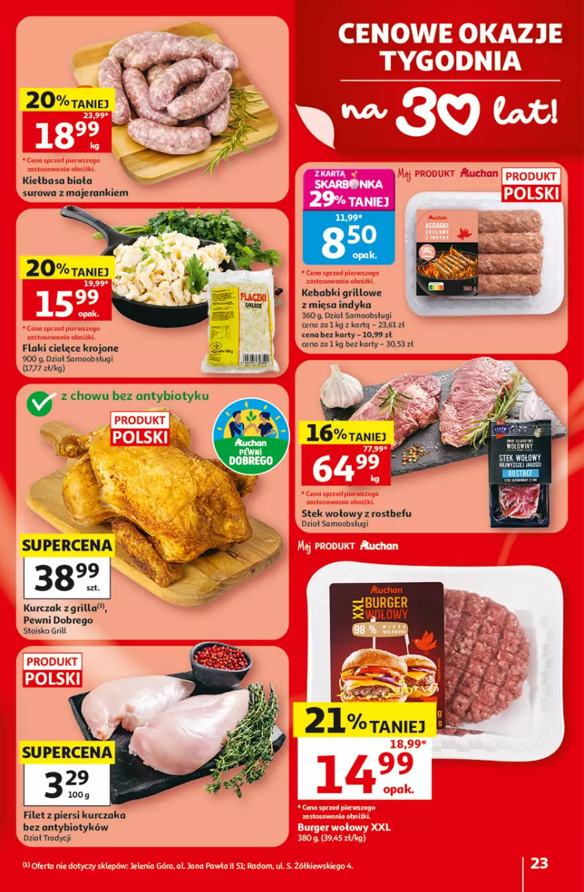 Gazetka promocyjna Auchan - 30 Lat Hipermarket - ważna 18.06 do 24.06.2026 - strona 23 - produkty: Burger, Filet z piersi kurczaka, Flaki, Grill, Kebab, Kiełbasa, Kiełbasa biała, Kurczak, Rostbef, Stek, Stek wołowy