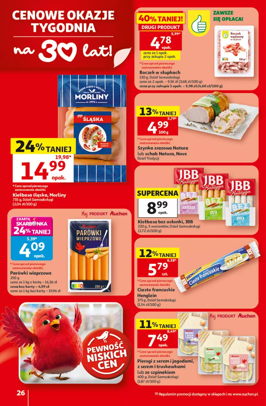 Gazetka promocyjna Auchan - 30 Lat Hipermarket - ważna 18.06 do 24.06.2026 - strona 26 - produkty: Boczek, Ciasto francuskie, Kiełbasa, Parówki, Pierogi, Ser, Szpinak, Szynka