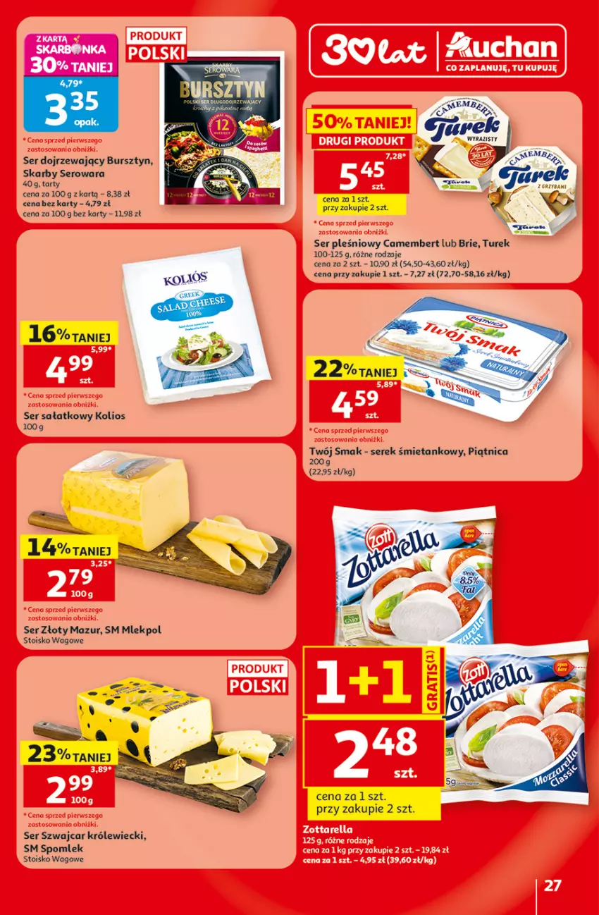 Gazetka promocyjna Auchan - 30 Lat Hipermarket - ważna 18.06 do 24.06.2026 - strona 27 - produkty: Brie, Bursztyn, Camembert, Fa, Piątnica, Sałat, Ser, Ser pleśniowy, Serek, Twój Smak, Złoty Mazur