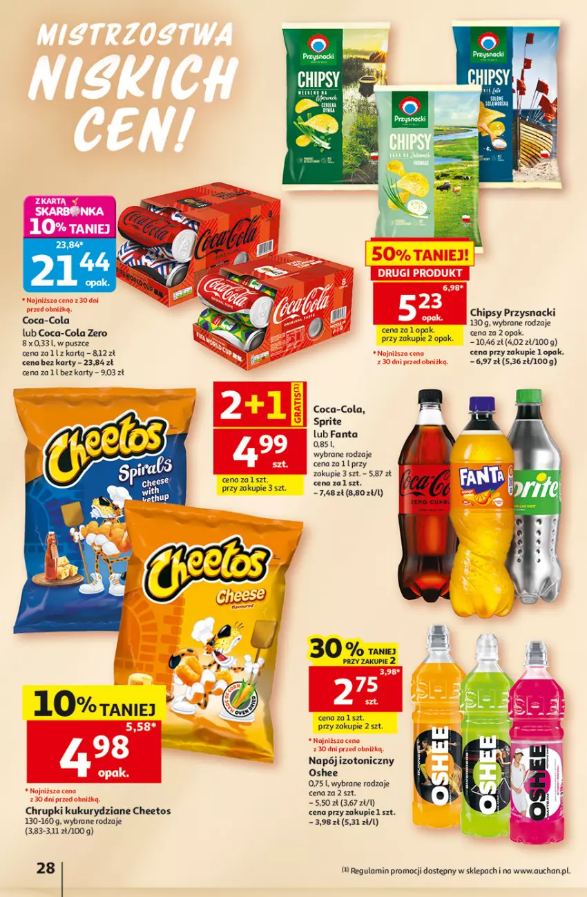 Gazetka promocyjna Auchan - 30 Lat Hipermarket - ważna 18.06 do 24.06.2026 - strona 28 - produkty: Cheetos, Chipsy, Chrupki, Coca-Cola, Fa, Fanta, Napój, Napój izotoniczny, Oshee, Przysnacki, Sprite