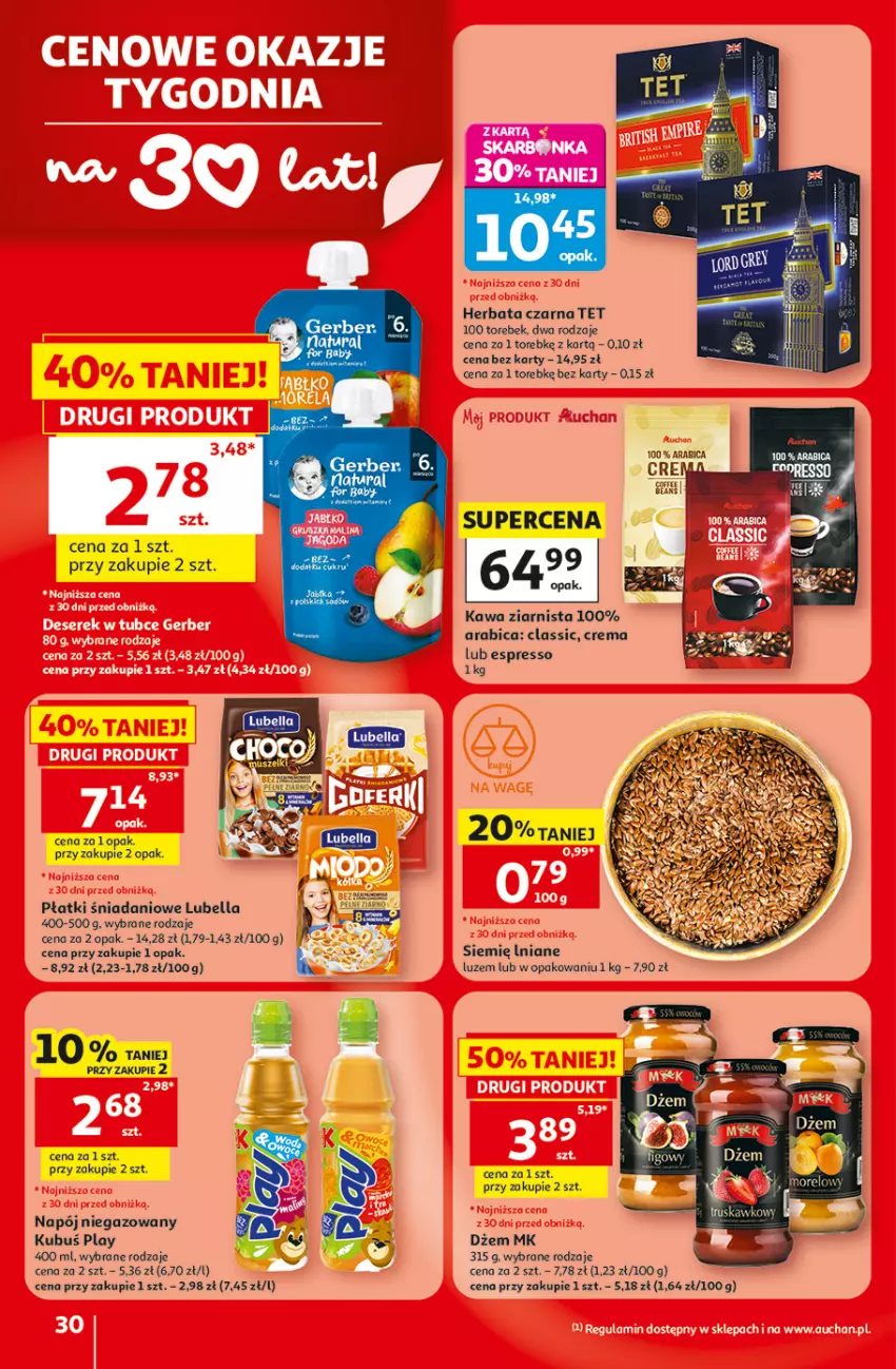 Gazetka promocyjna Auchan - 30 Lat Hipermarket - ważna 18.06 do 24.06.2026 - strona 30 - produkty: Bell, Bella, BIC, Danio, Dżem, Herbata, Herbata czarna, Kawa, Kawa ziarnista, Kubuś, Lubella, Napój, Napój niegazowany