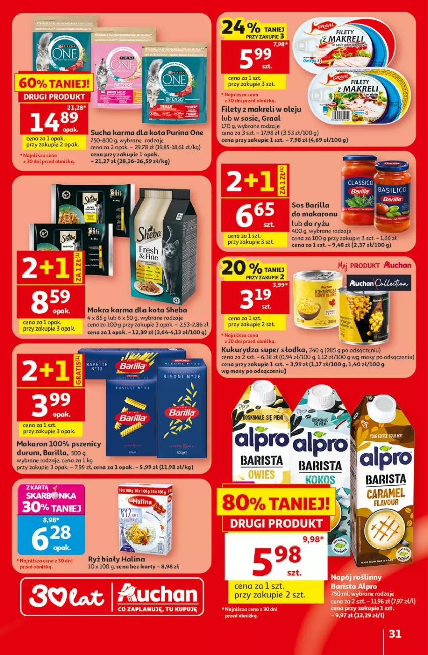 Gazetka promocyjna Auchan - 30 Lat Hipermarket - ważna 18.06 do 24.06.2026 - strona 31 - produkty: Barilla, Fa, Gra, Graal, Kokos, Kukurydza, Makaron, Mokra karma, Olej, Pur, Purina, Rum, Ryż, Ryż biały, Sheba, Sos, Sucha karma