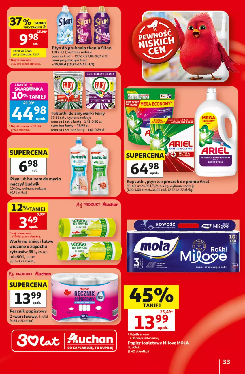 Gazetka promocyjna Auchan - 30 Lat Hipermarket - ważna 18.06 do 24.06.2026 - strona 33 - produkty: Ariel, Balsam do mycia naczyń, Do mycia naczyń, Fa, Fairy, Ludwik, Papier, Płyn do płukania, Proszek do prania, Ręcznik, Rolki, Silan, Tablet, Tabletki do zmywarki, Zmywarki