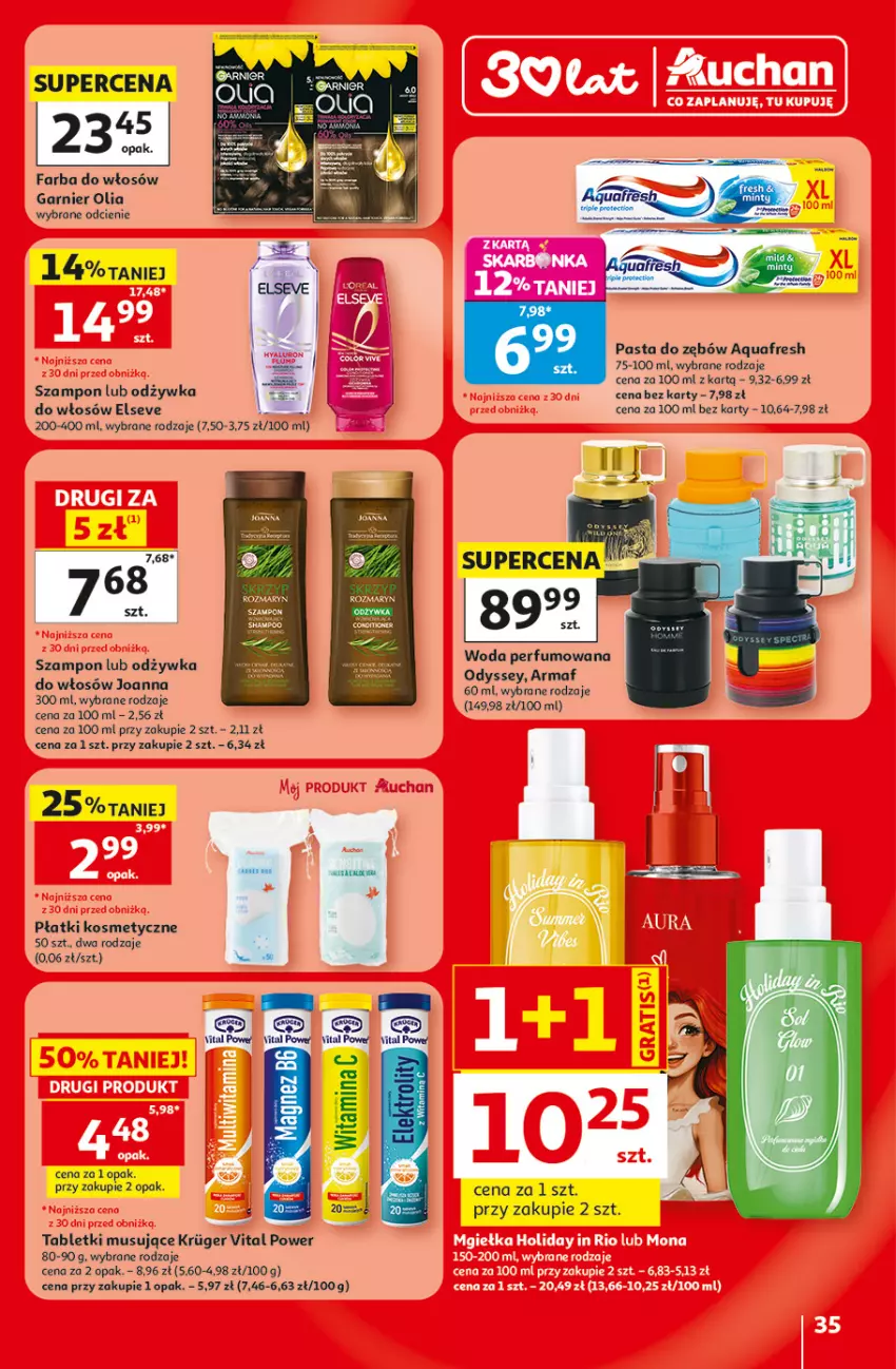 Gazetka promocyjna Auchan - 30 Lat Hipermarket - ważna 18.06 do 24.06.2026 - strona 35 - produkty: Aquafresh, Elseve, Fa, Farba do włosów, Garnier, Joanna, Mus, Odżywka, Pasta do zębów, Perfum, Płatki kosmetyczne, Szampon, Tablet, Tabletki musujące, Woda, Woda perfumowana