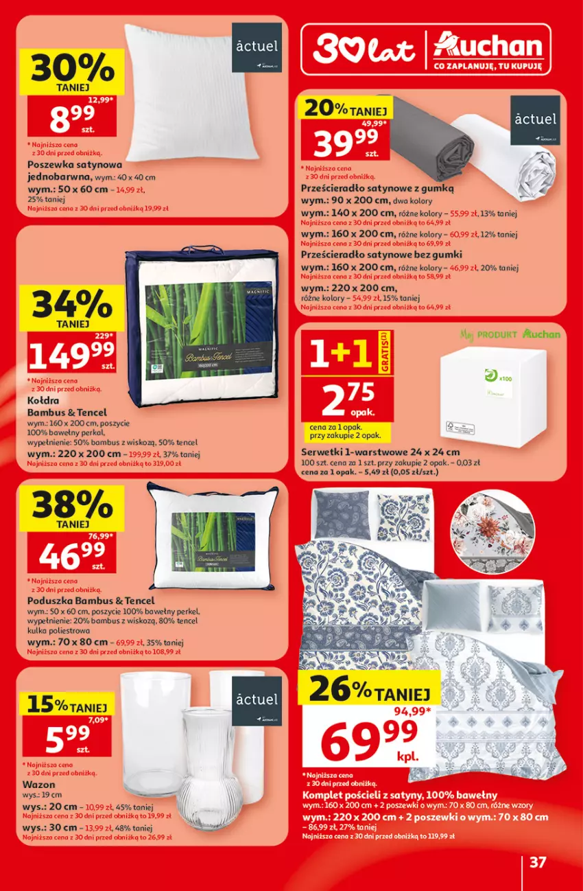 Gazetka promocyjna Auchan - 30 Lat Hipermarket - ważna 18.06 do 24.06.2026 - strona 37 - produkty: Kołdra, Poduszka, Poszewka, Prześcieradło, Ser, Serwetki, Wazon