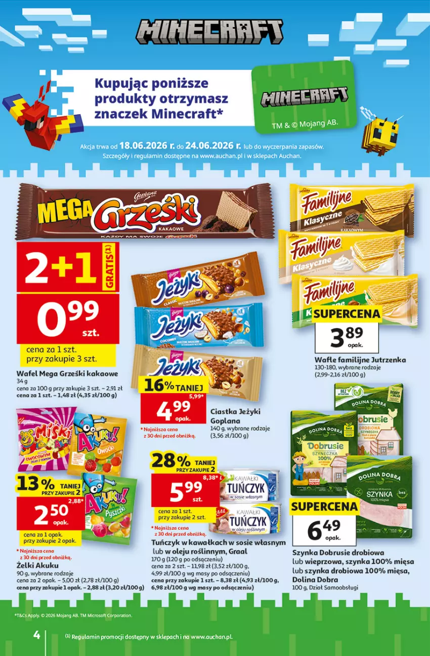 Gazetka promocyjna Auchan - 30 Lat Hipermarket - ważna 18.06 do 24.06.2026 - strona 4 - produkty: Ciastka, Fa, Goplana, Gra, Graal, Grześki, Jeżyki, Jutrzenka, Kakao, Kawa, LANA, Minecraft, Obrus, Olej, Sos, Szynka, Tuńczyk, Wafle