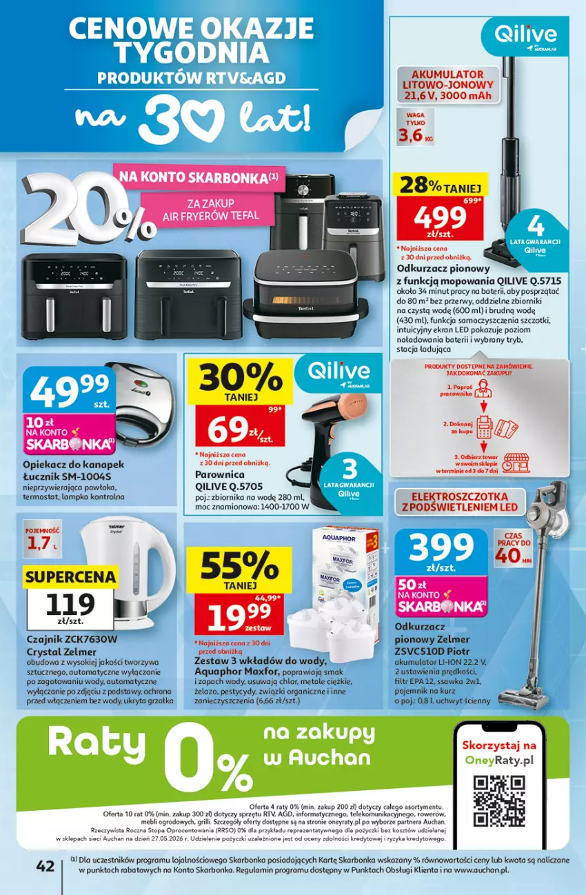 Gazetka promocyjna Auchan - 30 Lat Hipermarket - ważna 18.06 do 24.06.2026 - strona 42 - produkty: Akumulator, Aquaphor, Czajnik, Fa, Gra, Grill, Grzałka, Kosz, Mop, Odkurzacz, Opiekacz do kanapek, Parownica, Pojemnik, Rower, Sok, Szczotka, Tefal, Termos, Top, Waga, Zelmer