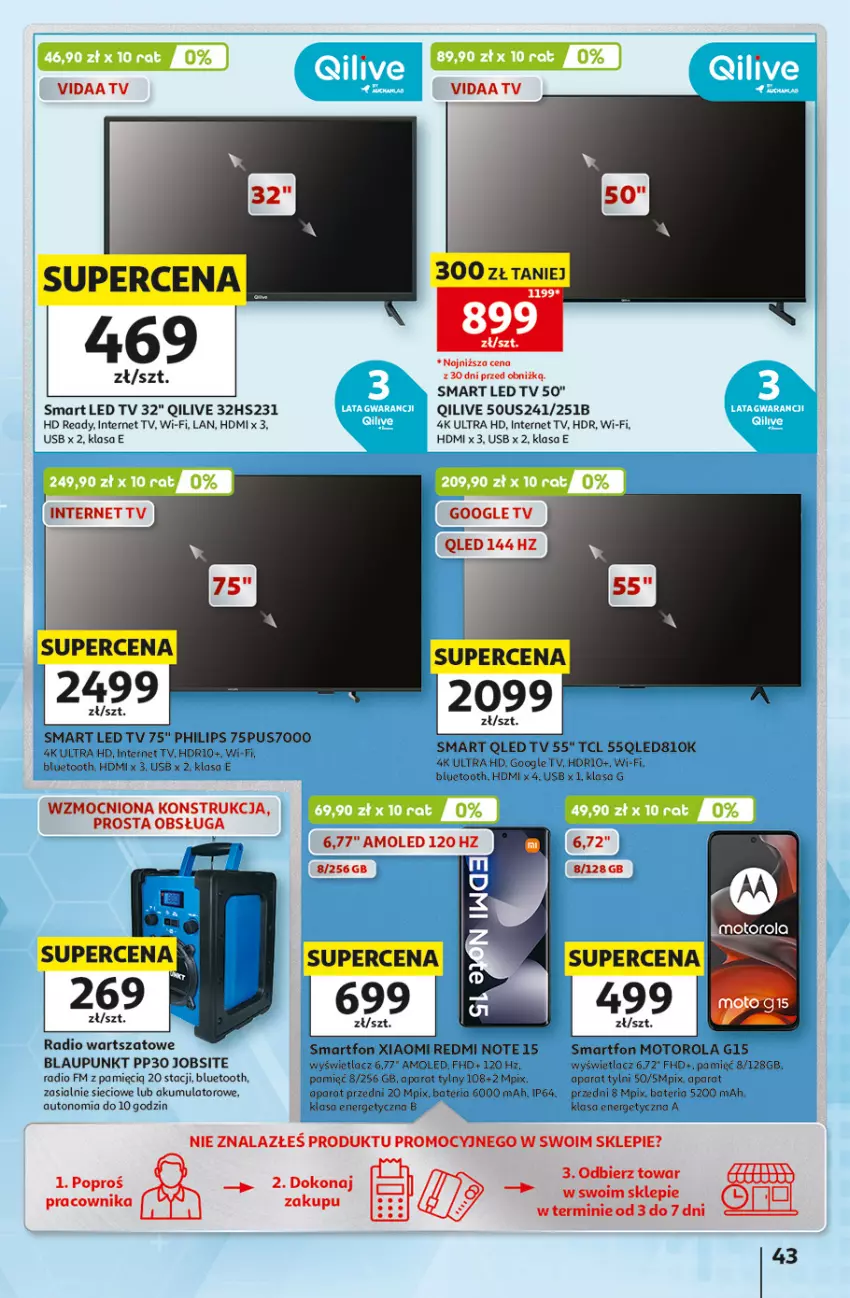 Gazetka promocyjna Auchan - 30 Lat Hipermarket - ważna 18.06 do 24.06.2026 - strona 43 - produkty: Akumulator, Amol, HD ready, LED TV, Motorola, Philips, Redmi Note, Smartfon