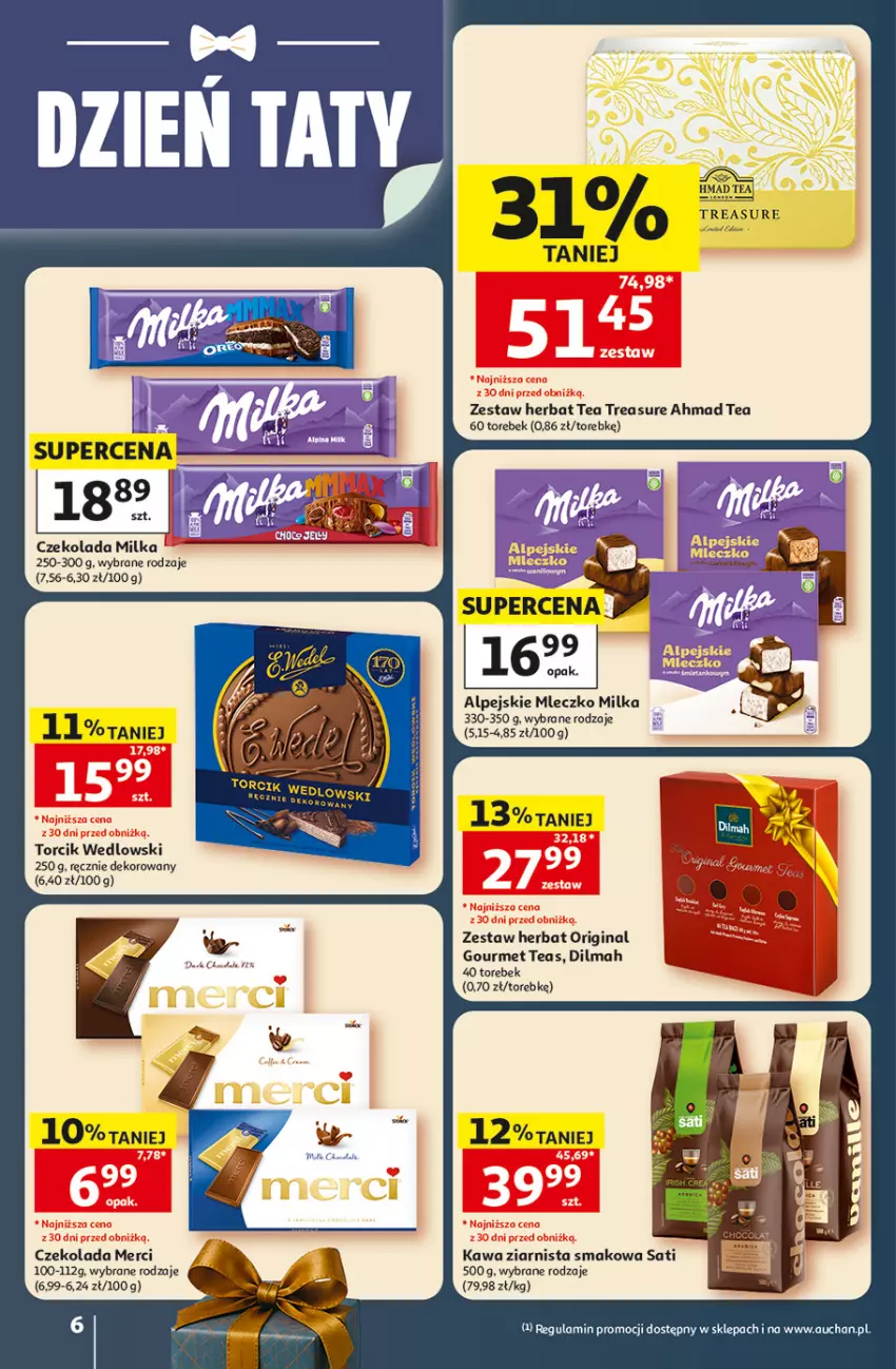 Gazetka promocyjna Auchan - 30 Lat Hipermarket - ważna 18.06 do 24.06.2026 - strona 6 - produkty: Czekolada, Dada, Dilmah, Gin, Kawa, Kawa ziarnista, Merci, Milka, Mleczko, Sati