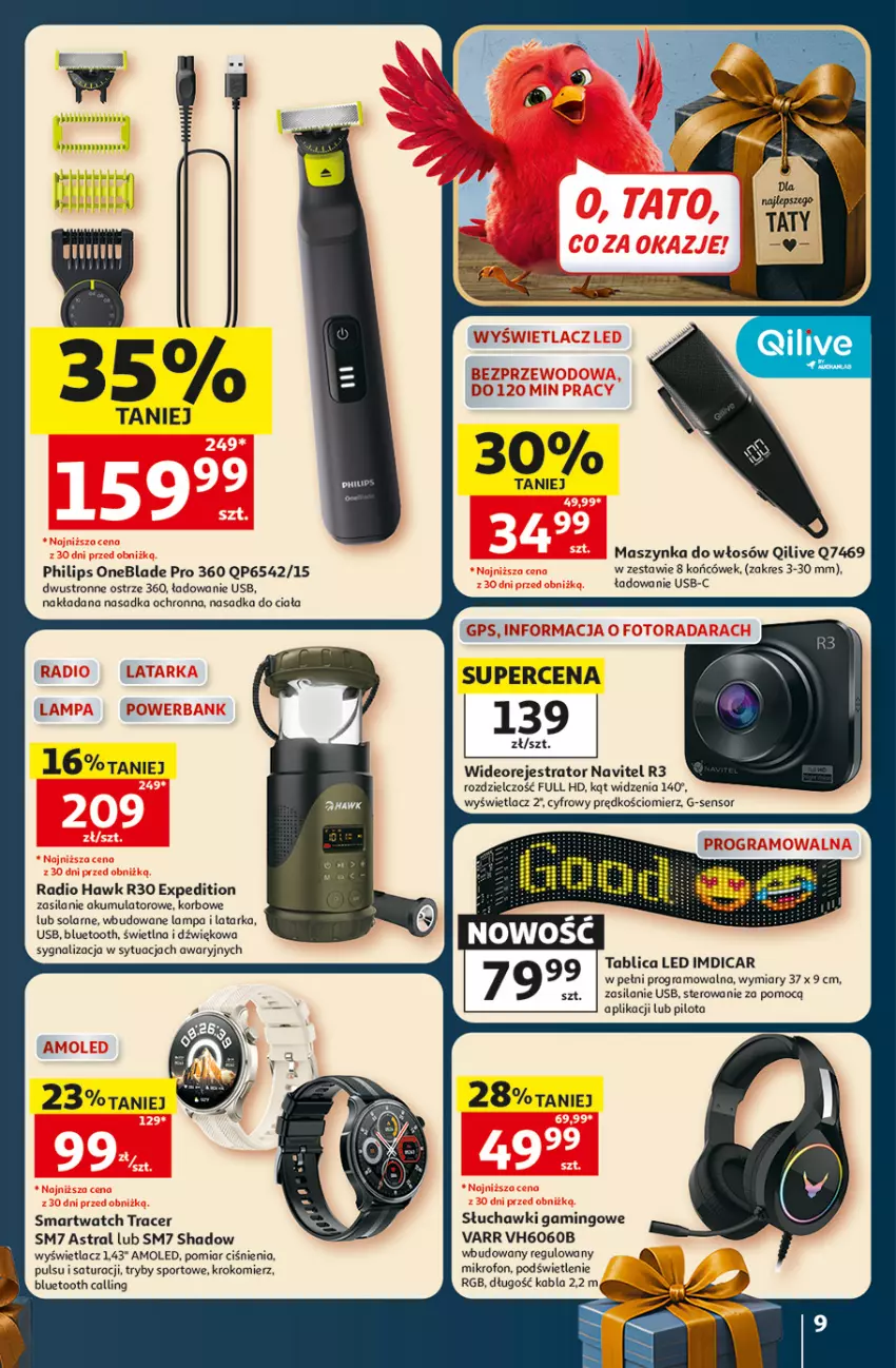 Gazetka promocyjna Auchan - 30 Lat Hipermarket - ważna 18.06 do 24.06.2026 - strona 9 - produkty: Acer, Akumulator, Amol, Anew, Gra, Krokomierz, Lampa, Latarka, Maszynka, Mikrofon, Navitel, Philips, Philips OneBlade, Por, Silan, Słuchawki, Słuchawki gamingowe, Smartwatch, Sport, Szynka, Tarka, Wideorejestrator