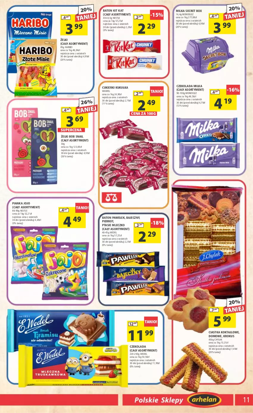 Gazetka promocyjna Arhelan - Gazetka - ważna 08.09 do 17.09.2023 - strona 11 - produkty: Baton, Ciastka, Cukier, Cukierki, Czekolada, Haribo, Kit Kat, Krokus, Milka, Mleczko, Ptasie mleczko, Wawel