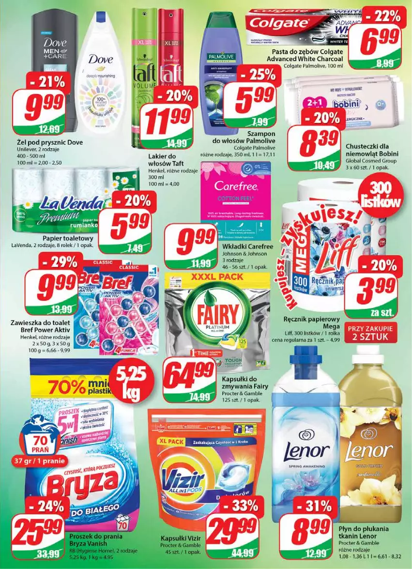 Gazetka promocyjna Dino - Gazetka - ważna 10.03 do 16.03.2021 - strona 19 - produkty: Bref, Carefree, Chusteczki, Colgate, Dove, Fa, Fairy, Lakier, Lenor, LG, Palmolive, Papier, Papier toaletowy, Płyn do płukania, Ręcznik, Rum, Szampon, Taft, Wkładki