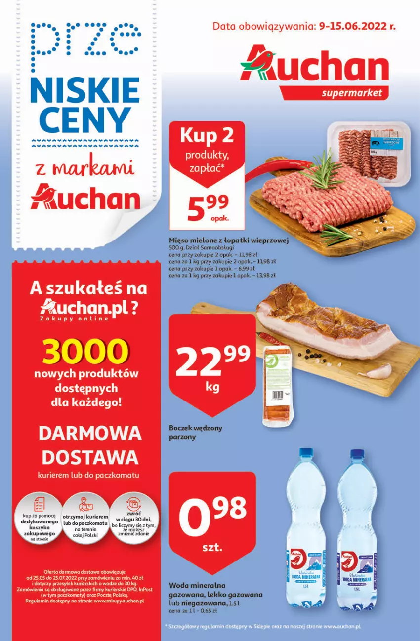 Gazetka promocyjna Auchan - przeNISKIE CENY z Markami Auchan Supermarkety - ważna 09.06 do 15.06.2022 - strona 1 - produkty: Fa, Kosz, Mięso, Mięso mielone, Mięso mielone z łopatki wieprzowej, Owoce, Woda, Woda mineralna