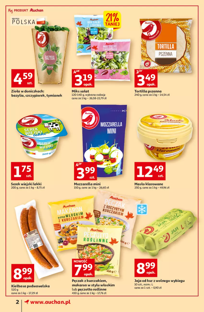 Gazetka promocyjna Auchan - przeNISKIE CENY z Markami Auchan Supermarkety - ważna 09.06 do 15.06.2022 - strona 2 - produkty: Bazyl, Bazylia, Fa, Jaja, Kiełbasa, Kiełbasa podwawelska, Kurczak, Makaron, Masło, Masło klarowane, Mozzarella, Sałat, Ser, Serek, Serek wiejski, Tortilla, Wawel, Zott