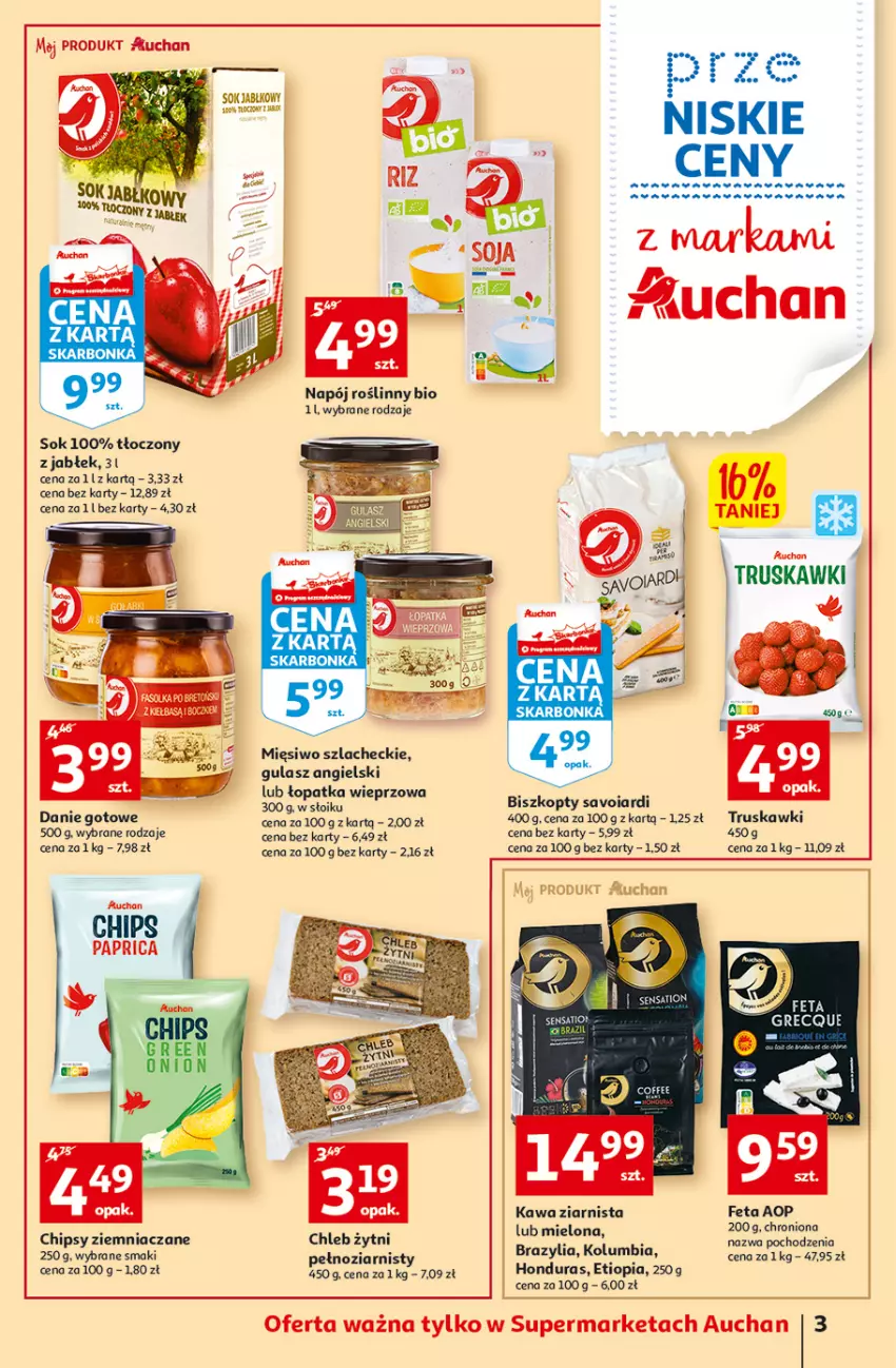 Gazetka promocyjna Auchan - przeNISKIE CENY z Markami Auchan Supermarkety - ważna 09.06 do 15.06.2022 - strona 3 - produkty: Biszkopty, Chipsy, Chleb, Danie gotowe, Fa, Feta, Kawa, Kawa ziarnista, Napój, Napój roślinny, Sok, Truskawki