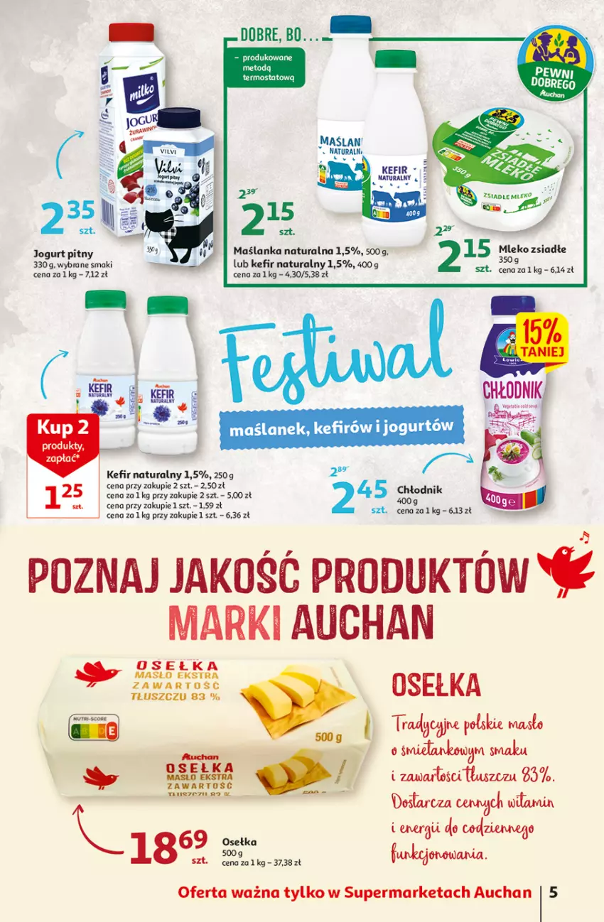 Gazetka promocyjna Auchan - przeNISKIE CENY z Markami Auchan Supermarkety - ważna 09.06 do 15.06.2022 - strona 5 - produkty: Jogurt, Jogurt pitny, Kefir, Kefir naturalny, Maślanka, Masło, Mleko, Mleko zsiadłe, Termos