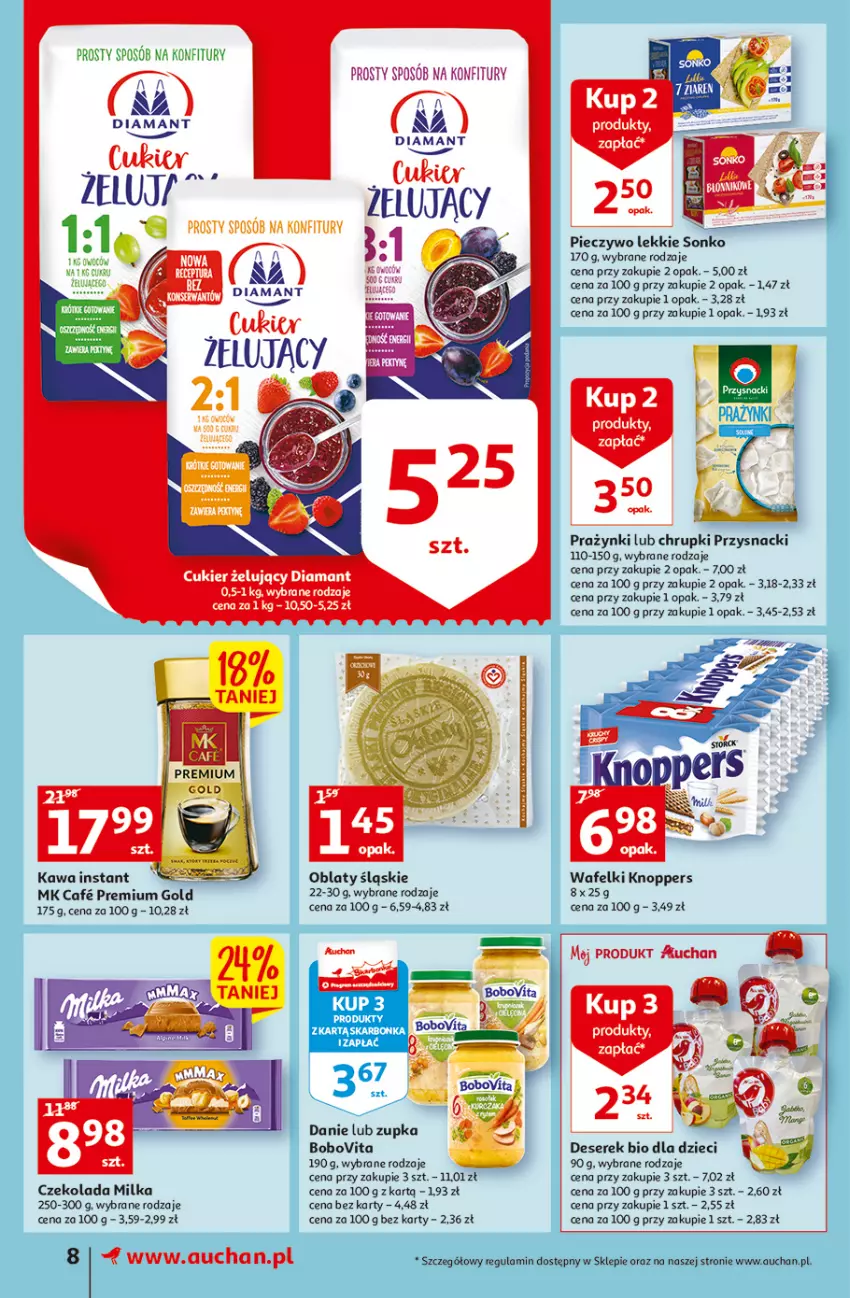 Gazetka promocyjna Auchan - przeNISKIE CENY z Markami Auchan Supermarkety - ważna 09.06 do 15.06.2022 - strona 8 - produkty: BoboVita, Chrupki, Cukier, Czekolada, Deser, Diamant, Dzieci, Fa, Kawa, Knoppers, Milka, Piec, Pieczywo, Przysnacki, Ser, Serek, Sonko