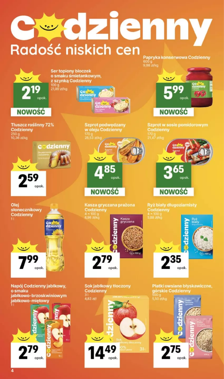 Gazetka promocyjna Delikatesy Centrum - Franczyza DC10 Czwartek - ważna 05.03 do 11.03.2026 - strona 4 - produkty: Gry, Kasza, Kasza gryczana, Napój, Olej, Papryka, Płatki owsiane, Ryż, Ryż biały, Ser, Ser topiony, Sok, Sok jabłkowy, Sos, Szprot, Szprot w sosie, Tłuszcz roślinny, Top