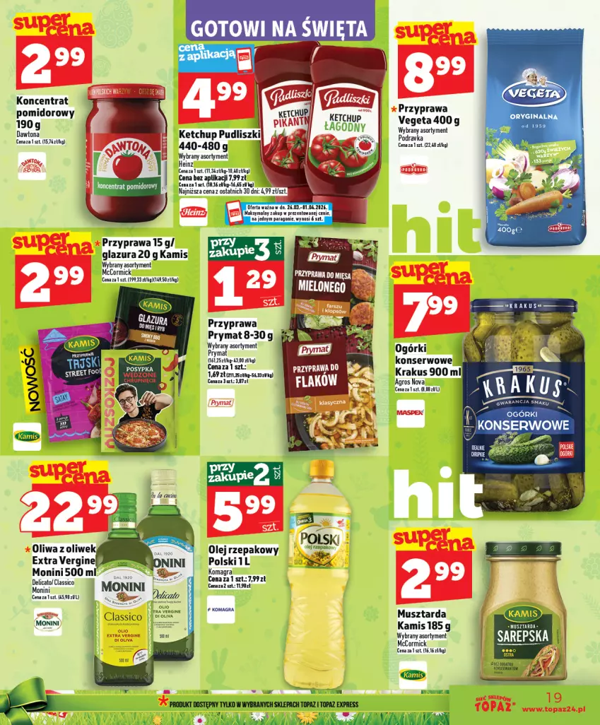 Gazetka promocyjna Topaz - Gazetka - ważna 26.03 do 01.04.2026 - strona 19 - produkty: Dawtona, Glazura, Gra, Heinz, Kamis, Ketchup, Krakus, Lazur, Monini, Mus, Musztarda, Olej, Olej rzepakowy, Podravka, Prymat, Pudliszki, Ser, Vegeta