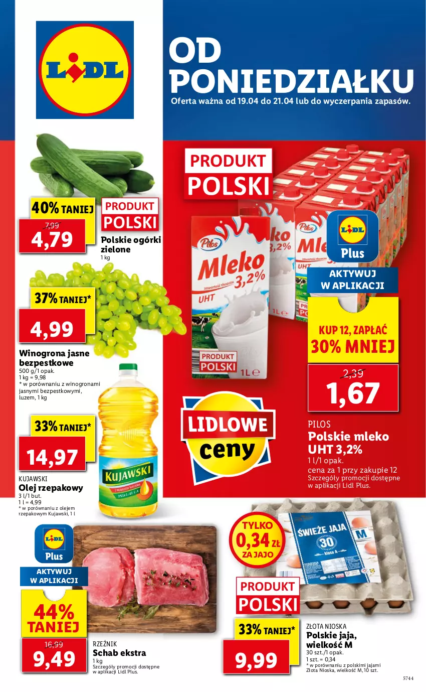 Gazetka promocyjna Lidl - GAZETKA - ważna 19.04 do 21.04.2021 - strona 1 - produkty: Jaja, Kujawski, Mleko, Olej, Olej rzepakowy, Pilos, Por, Wino, Winogrona