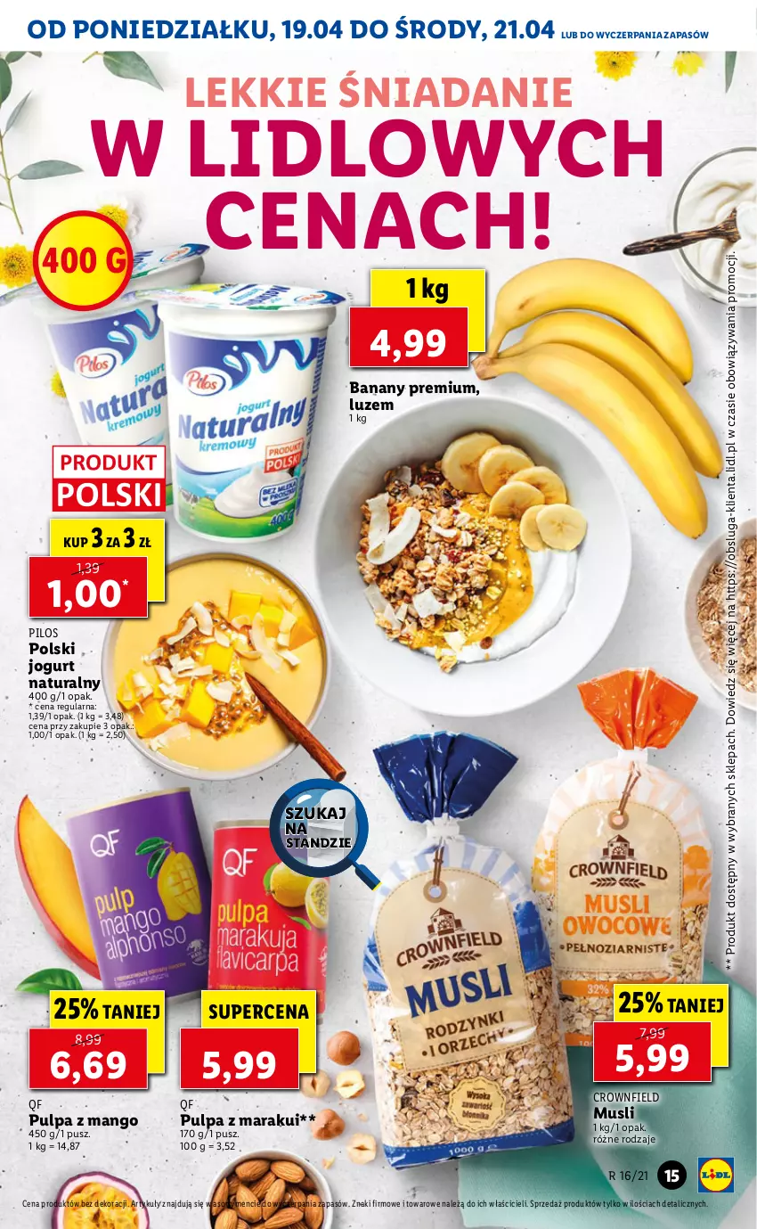 Gazetka promocyjna Lidl - GAZETKA - ważna 19.04 do 21.04.2021 - strona 15 - produkty: Banany, Jogurt, Jogurt naturalny, Mango, Mus, Pilos