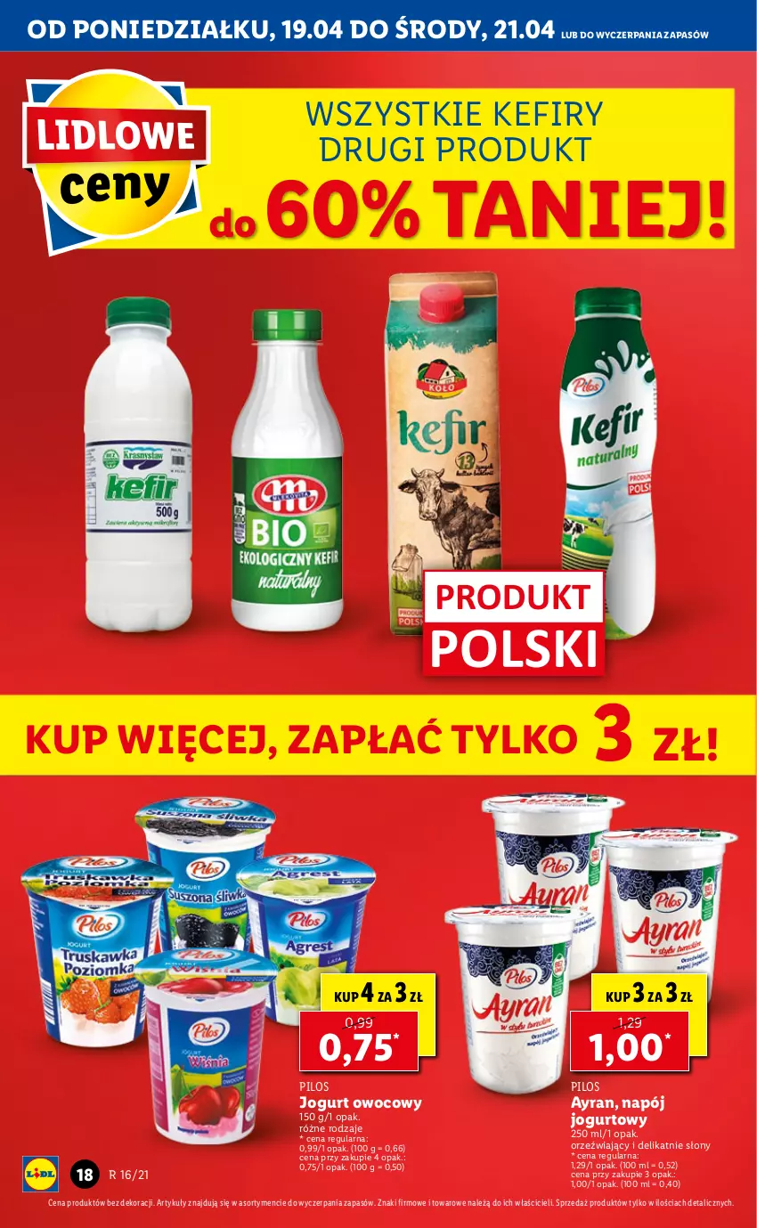 Gazetka promocyjna Lidl - GAZETKA - ważna 19.04 do 21.04.2021 - strona 18 - produkty: Jogurt, Jogurt owocowy, Kefir, Napój, Napój jogurtowy, Pilos